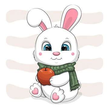 Cute cartoon white rabbit with red apple and green scarf. Illustration