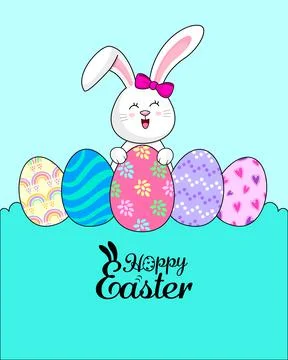 Cute cartoon white rabbits with Easter eggs. Happy Easter day concept. Stock Illustration
