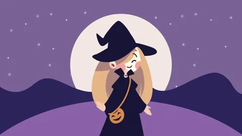 Cute cartoon witch appears at night with full moon and stars in dynamic hal.. Stock Footage 338397828