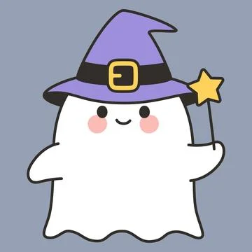 Cute Cartoon Witch Ghost with Hat and Magic Wand Halloween Stock Illustration