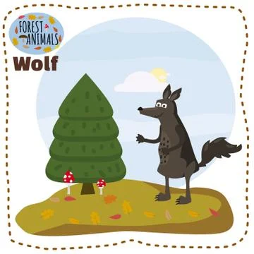 Cute cartoon wolf on background landscape forest illustration, vector, isolated 스톡 일러스트