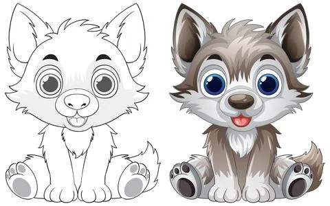 Cute Cartoon Wolf Cub Vector Illustration with Coloring Page Version Stock Illustration
