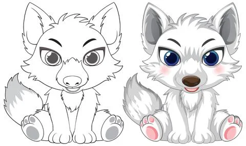 Cute Cartoon Wolf Pup Vector Illustration and Line Art Set Stock Illustration