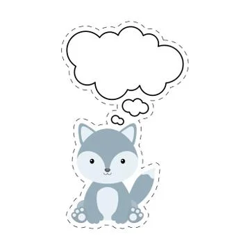 Cute cartoon wolf with speech bubble sticker. Kawaii character on white backg 스톡 일러스트