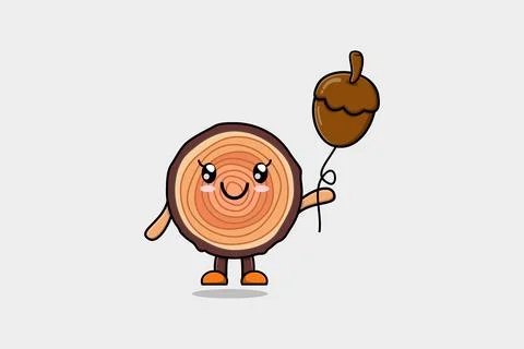 Cute cartoon Wood trunk floating with acorn Stock Illustration