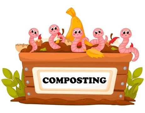 Cute cartoon worm characters having fun in box for organic garbage, recycli.. Stock Illustration