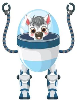 Cute Cartoon Zebra Character Operating a Futuristic Bipedal Robot Suit 스톡 일러스트