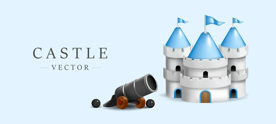 Cute castle 3d model with mini cannon  vector illustration on sky blue backgr Stock Illustration