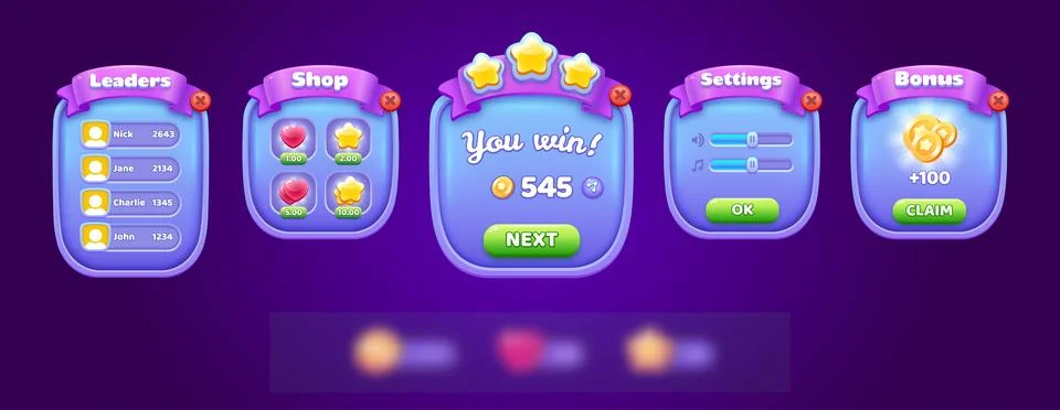 Cute Casual Mobile Game GUI Kit with Cartoon Popup Windows, Leaderboard, Sh.. Stock Illustration