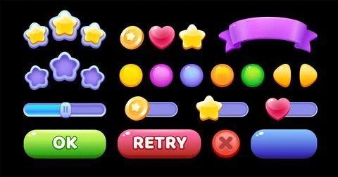 Cute Casual Mobile Game User Interface Elements Collection with Glossy Button Stock Illustration