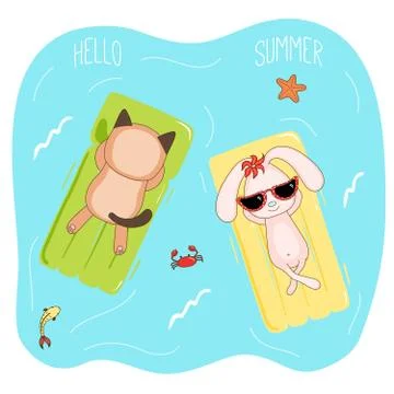 Cute cat and bunny on floating mattresses Stock Illustration