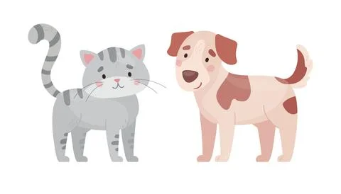 Cute cat and dog. Vector illustration in flat style, isolated on white Stock Illustration