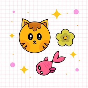 Cute Cat and Fish Vector Stock Illustration