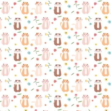 Cute Cat And Floral Pattern Background. Vector Illustration. Stock Illustration