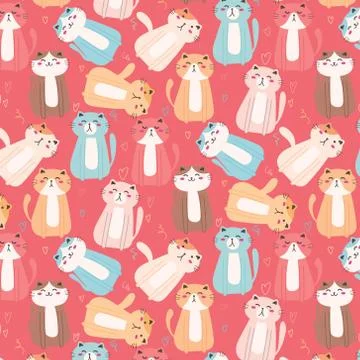 Cute Cat And Floral Pattern Background. Vector Illustration. Stock Illustration