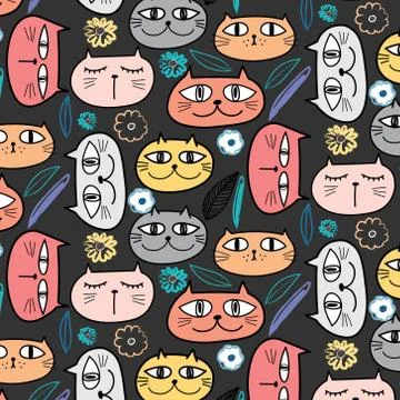 Cute Cat And Floral Pattern Background. Vector Illustration. Stock Illustration