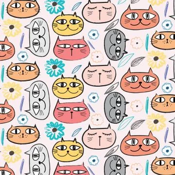 Cute Cat And Floral Pattern Background. Vector Illustration. Stock Illustration