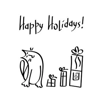 Cute cat and gift boxes. Doodle style cartoon. Happy holiday, handwritten ins Stock Illustration