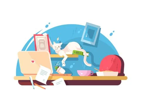 Cute cat and mess in workplace Illustrazione stock