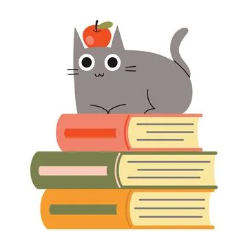 Cute cat and a stack of books, the concept of school and learning. Trendy m.. Stock Illustration