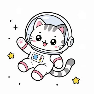 Cute Cat Astronaut Floating in Space Kawaii Vector Stock Illustration