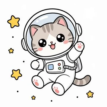 Cute Cat Astronaut Floating in Space Kawaii Vector イラスト素材