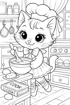 Cute cat baking in kitchen with chef hat coloring page. 스톡 일러스트