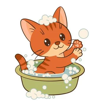 Cute cat bathes in basin of soapy water, catches a soap bubble. Chibi cat Flat Stock Illustration
