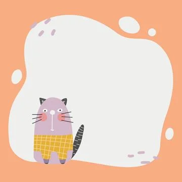 Cute cat with a blot frame in simple cartoon hand-drawn style. Stock Illustration