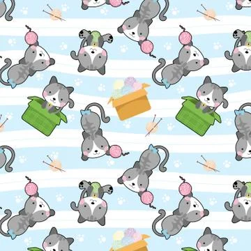 Cute cat in box vector seamless pattern Stock Illustration