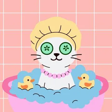 Cute Cat in Bubble Bath with Cucumber Eyes and Rubber Ducks Illustrazione stock