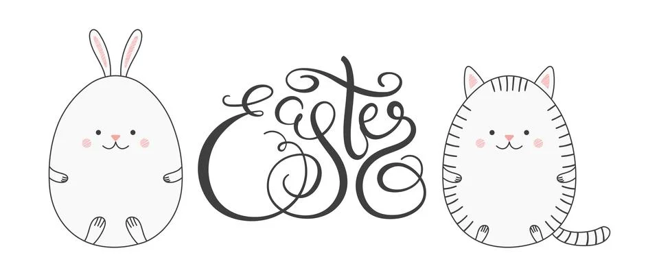 Cute cat, bunny Easter egg cartoon characters illustration Stock Illustration