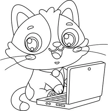 Cute Cat Cartoon Character Using Laptop Computer Illustrazione stock