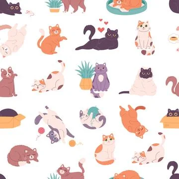 Cute cat characters seamless pattern. Cats doing various feline activities Иллюстрация