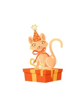Cute cat with cone hat and red bow sitting on gift box cartoon animal design Stock Illustration