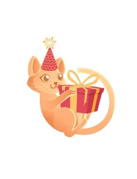 Cute cat with cone hat playing with gift box cartoon animal design vector Illustrazione stock