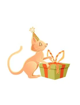 Cute cat with cone hat playing with gift box cartoon animal design vector Stock Illustration