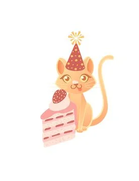 Cute cat with cone hat ready to eating tasty strawberry cake cartoon animal Stock Illustration