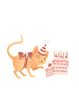 Cute cat with cone hat ready to eating tasty strawberry cake cartoon animal Stock Illustration
