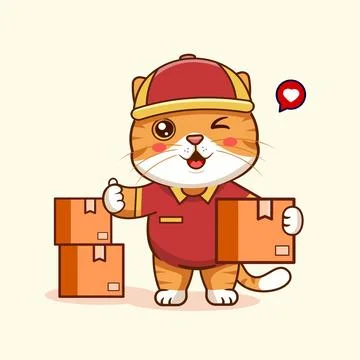 Cute Cat Courier Delivering Packages Vector Illustration Kawaii Animal Stock Illustration