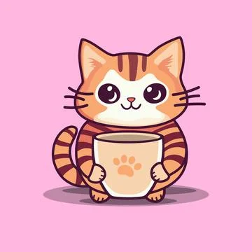 Cute Cat with cup of cofee vector illustration, pink background 스톡 일러스트