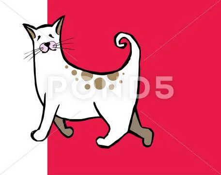 Cute cat with curly tail on red and white background Stock Illustration