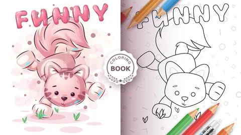 Cute cat dance - coloring page Stock Illustration