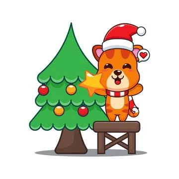 Cute cat decorating the Christmas tree on Christmas day. Cartoon vector ill.. Stock Illustration