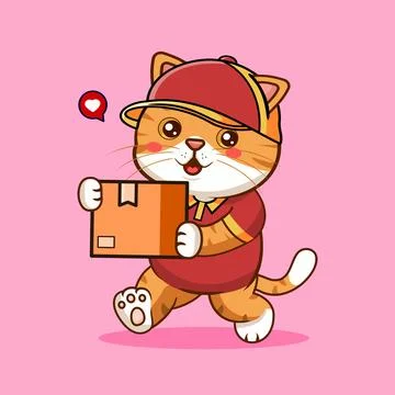 Cute Cat Delivery Walking Mascot Holding Package Vector Illustration Stock Illustration