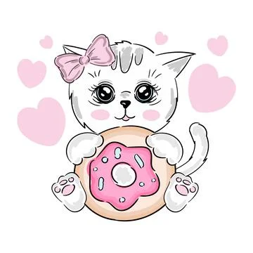 Cute cat with donut vector illustration, print design kitten, children print on Stock Illustration