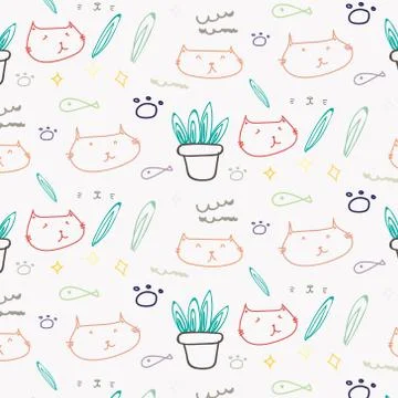 Cute cat doodle pattern background. Stock Illustration