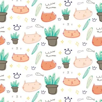 Cute cat doodle pattern background. Stock Illustration