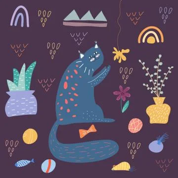Cute cat. Doodle style. Creative childish texture. Great for fabric, textile  Illustrazione stock