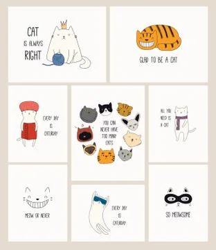 Cute cat doodles cards set Stock Illustration